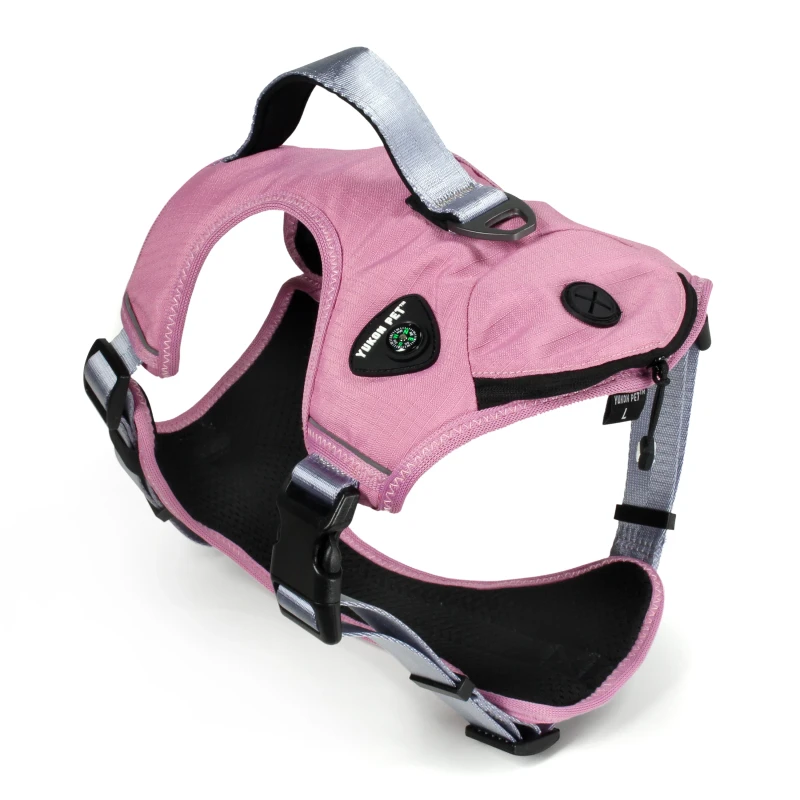 Outdoor Adventure Dog Harness with Compass Poop Bag Holder Zipper Pocket Reflective Padded Mesh