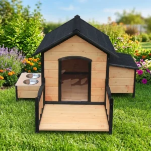 Outdoor Solid Wood Pet House Beautiful in Shape Waterproof and Sun-proof with Two Food Bowls