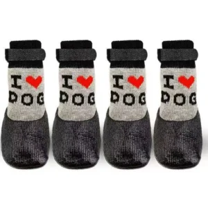 Outdoor Waterproof Dog Socks Knit Non-Slip 4PCS Letter Pattern Pet Shoes Dog Paw Protector with Adjustable Straps