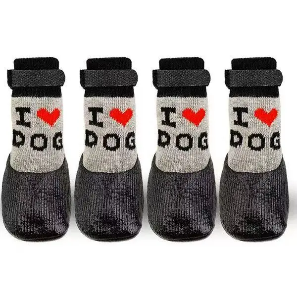 Outdoor Waterproof Dog Socks Knit Non-Slip 4PCS Letter Pattern Pet Shoes Dog Paw Protector with Adjustable Straps