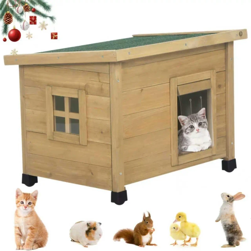 Outdoor wooden pet house a weatherproof winter shelter for dogs and cats with a windowed elevated design