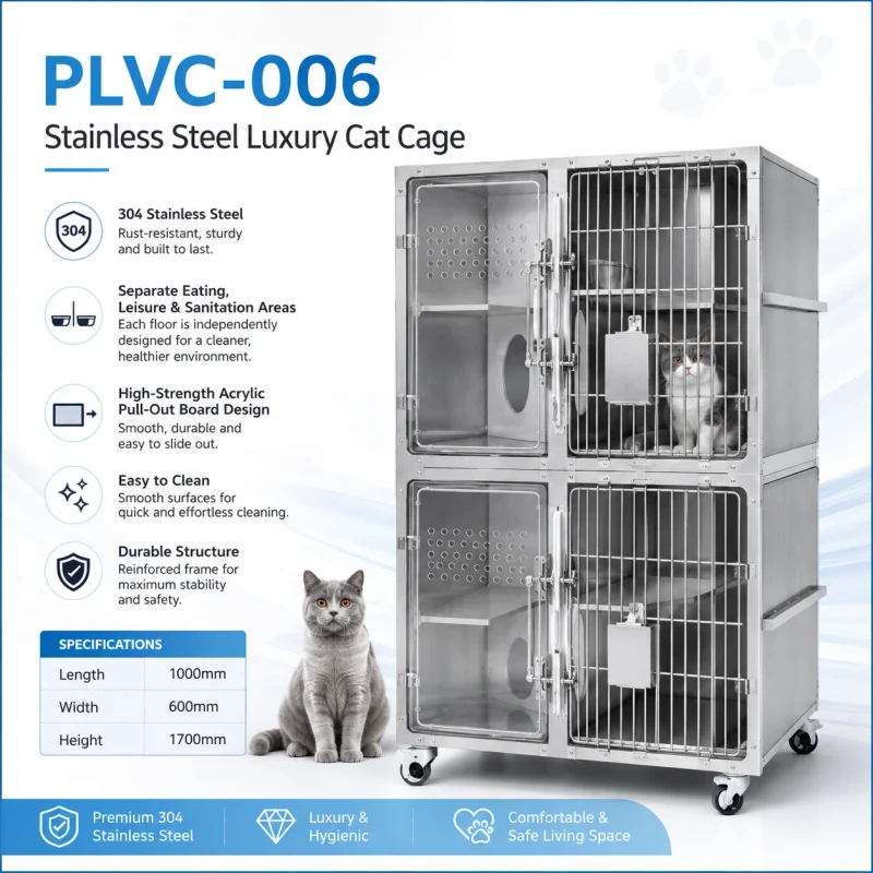PLVC 006 Stainless Steel 304 Luxury Cat Cage Veterinary Pet Boarding Kennel with Separate Functional Areas