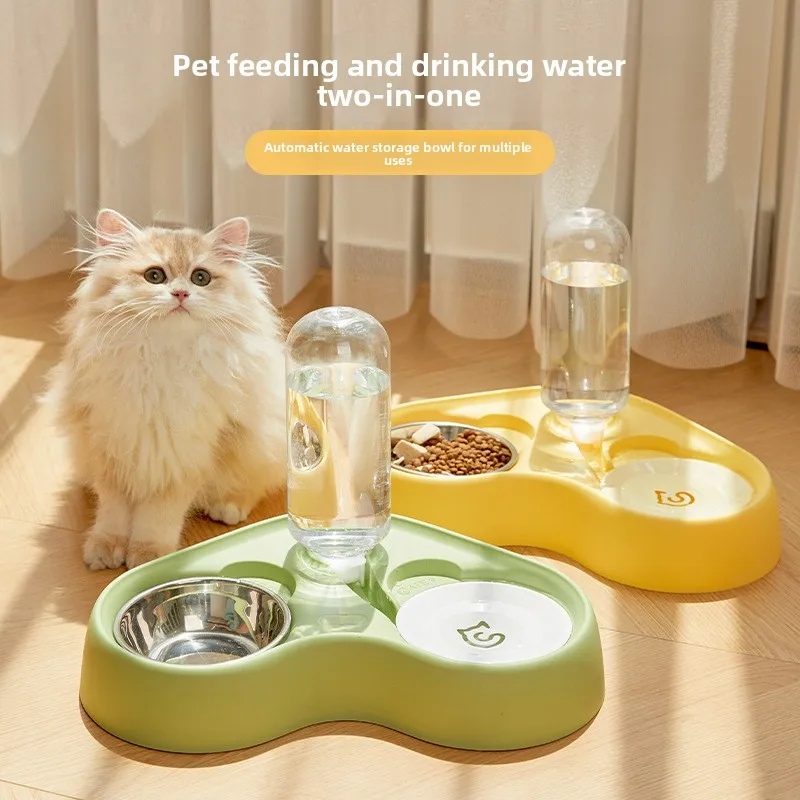PP Solid Pattern Cat Feeder & Water Bowl Dual Purpose Rounded Design with Automatic Water Storage Cross Border