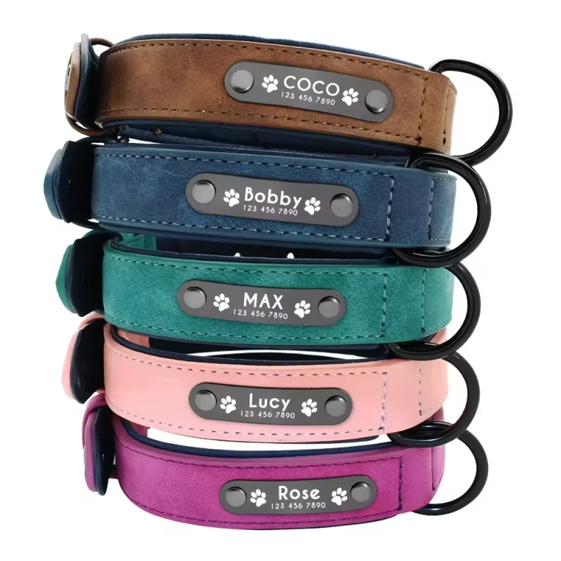 PU Leather Pet Collar for Cat and Dog Adjustable with Custom Name Soft Personalized Multi Colors