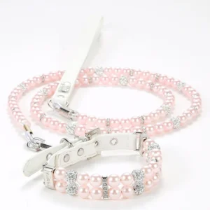 PU Leather Solid Martingale Pet Necklace Collar Leash Set with Pearl Beaded Bling for Female Dogs Small Breeds