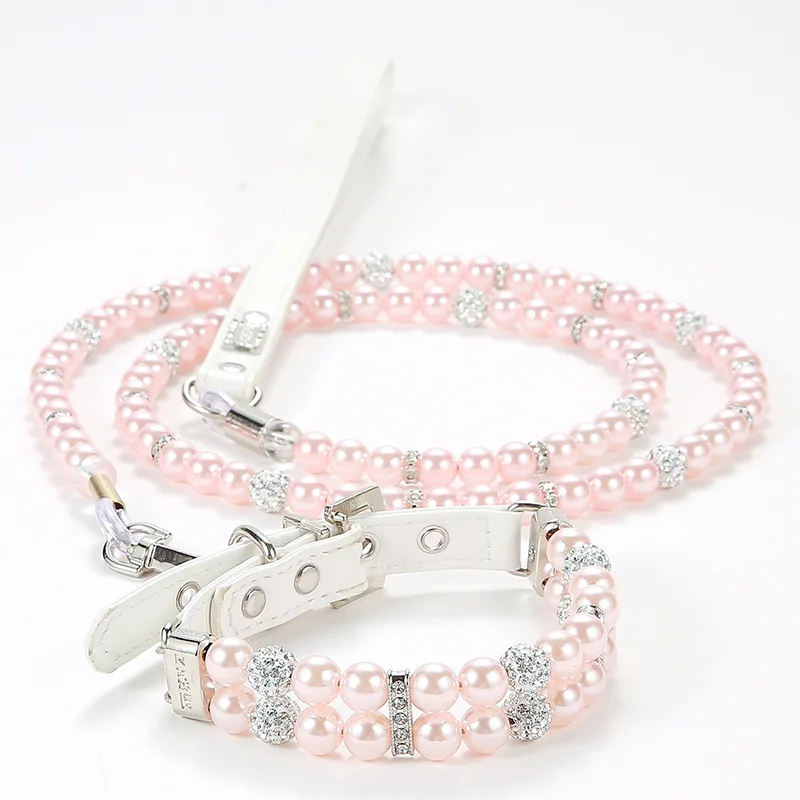 PU Leather Solid Martingale Pet Necklace Collar Leash Set with Pearl Beaded Bling for Female Dogs Small Breeds
