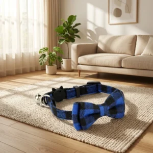 Padded Grid Striped Polyester Luxury Pet Dog Collar with Bow Tie and Bell Decoration Daily Pet Accessories