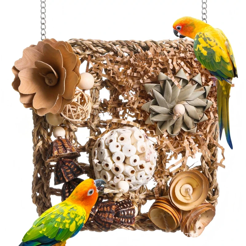 Parrot Chew Climb Toys Set Small Animals Natural Bamboo Ball Water Grass Climbing Net Durable Destructible Bird Toy Tunnel