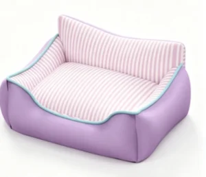 Pastel Purple PU Pet Sofa Bed Pink White Vertical Stripe Lining Curved Back Three-Side Surround Bolster Washable Dog Cat