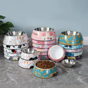Pattern Round Pet Feeding Bowl in Melamine Stainless Steel Cat Dog Water Food Feeder Double Bowl Pet Accessories