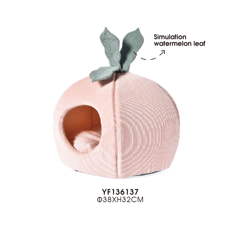 Peach Shaped Cat Cave Soft Corduroy Plush Cozy Pet House Warm Cat Bed