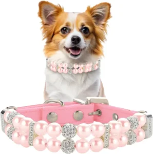 Pearl Collars with Crystal Rhinestone Diamond Adjustable Cute Fashion Pet PU Leather Collar Necklace for Small Dog Pets