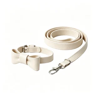 Personalized Beige Comfortable Pet Collar and Leash Set Adjustable Bow Tie Collars Gift for Pets