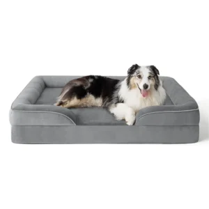 Personalized Gray Plush Orthopedic Memory Foam Dog Bed Non Chewable Rectangle Pet Bed With 4 Sides Pillow