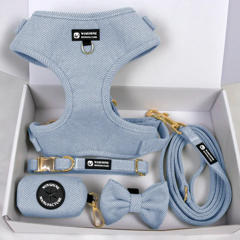 Personalized No Pull Tweed Pet Dog Harness Leash Lead Collars Set Custom Logo Manufacturers Luxury Pet Boutique