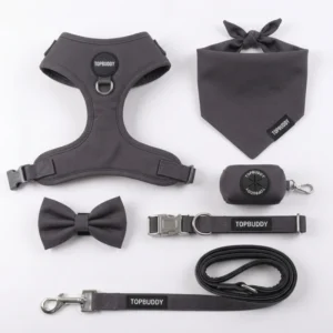 Personalized Simple Solid Color Pet 6pcs Set Luxury Dog Harness Leash Collar Bandana Bowtie Poop Bag Holder
