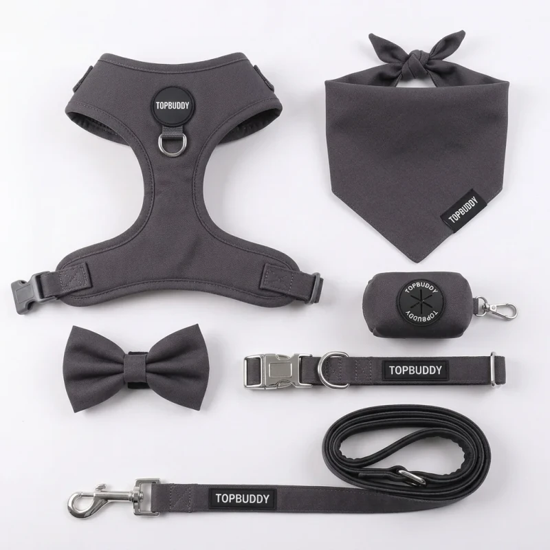 Personalized Simple Solid Color Pet 6pcs Set Luxury Dog Harness Leash Collar Bandana Bowtie Poop Bag Holder