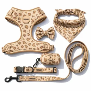 Personalized Vintage Animal Print Pet 6pcs Set Luxury Dog Harness Leash Collar Bandana Bowtie Poop Bag Holder