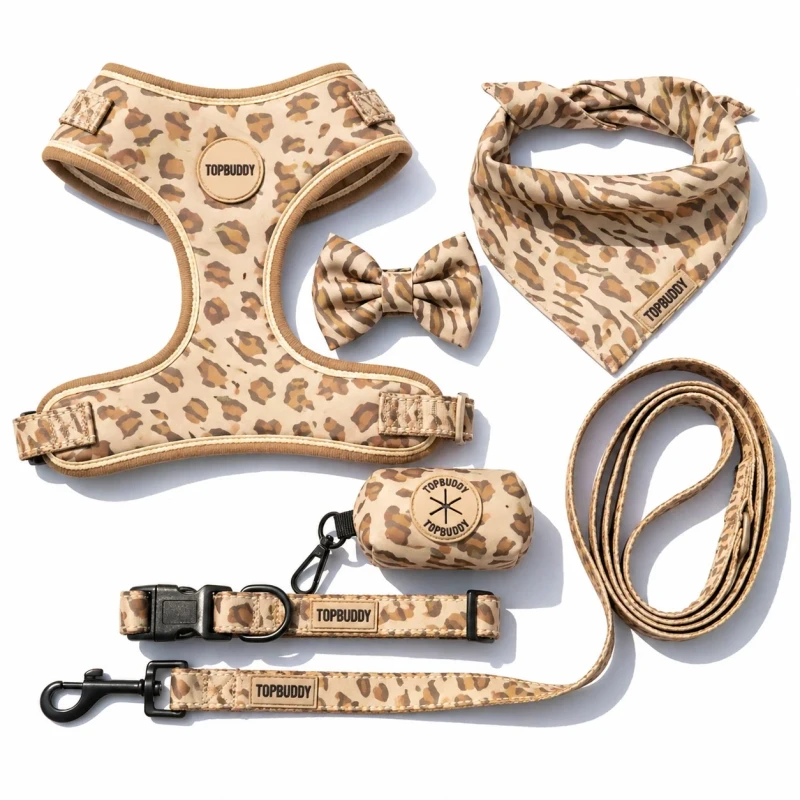 Personalized Vintage Animal Print Pet 6pcs Set Luxury Dog Harness Leash Collar Bandana Bowtie Poop Bag Holder