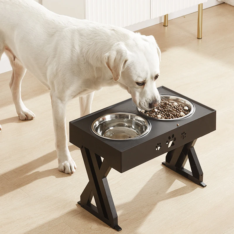 Pet Adjustable Stainless Steel Feeder Two Bowls One Lift Anti upset Protective Neck Guard Slow Food Basin Pet Dog Bowl