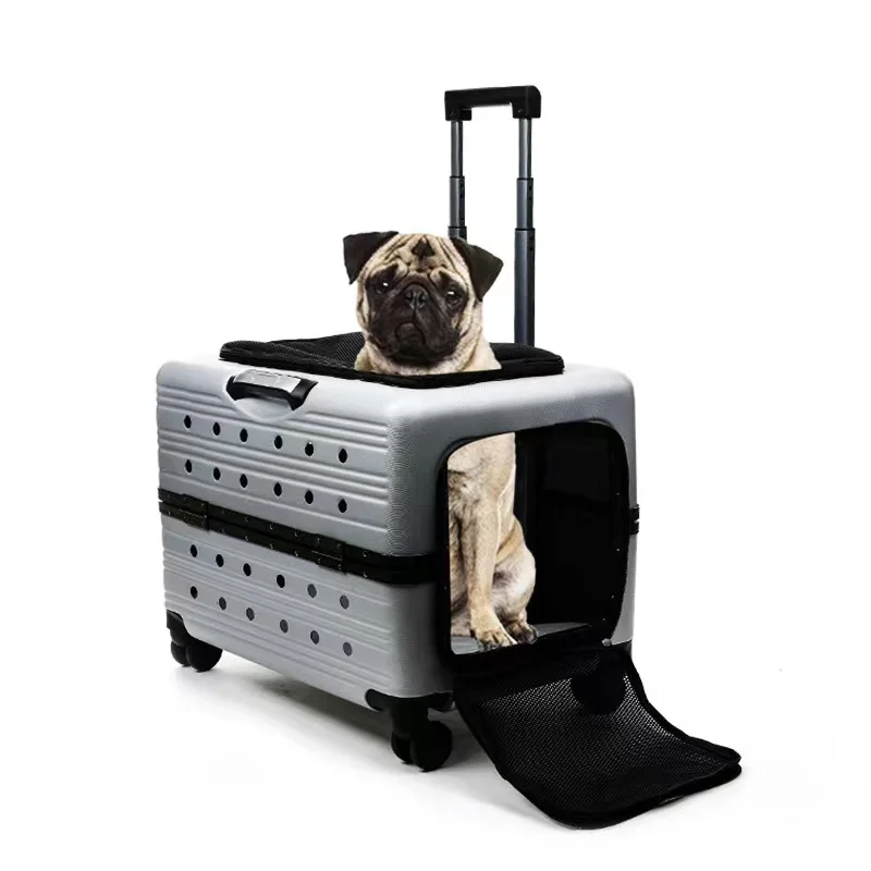 Pet Backpack Foldable Comfortable Waterproof Aluminum PU Acrylic Travel Cat Dog Carrier Trolley with Wheels 41x51x61CM