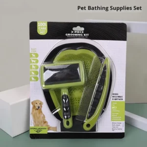 Pet Bath Gloves and Brush Set with Plastic Comb for Dog & Cat Grooming Remove Loose Hair Cleaning Tool