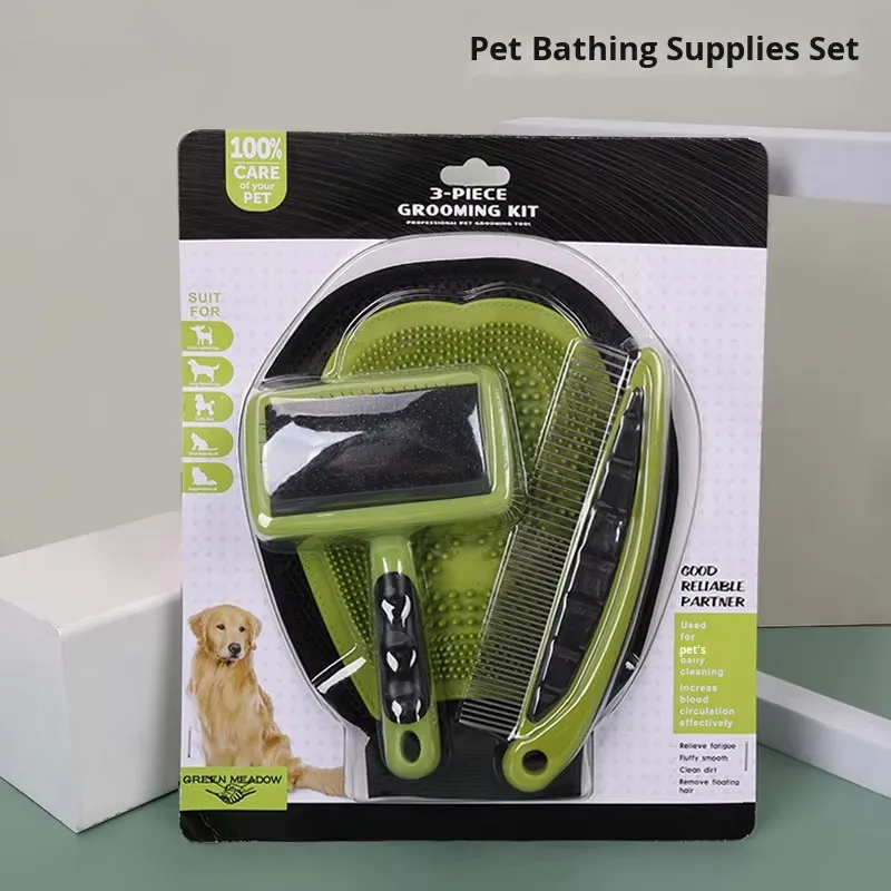Pet Bath Gloves and Brush Set with Plastic Comb for Dog & Cat Grooming Remove Loose Hair Cleaning Tool