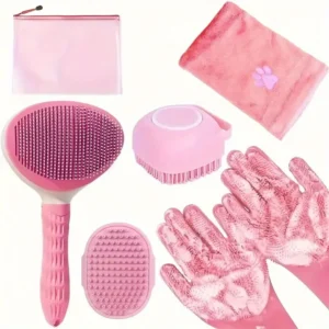 Pet Bath Grooming Kit Hair Brush Set with Towel Washing Gloves Shampoo Scrubber Brush with Massage Feature Pet Home Grooming
