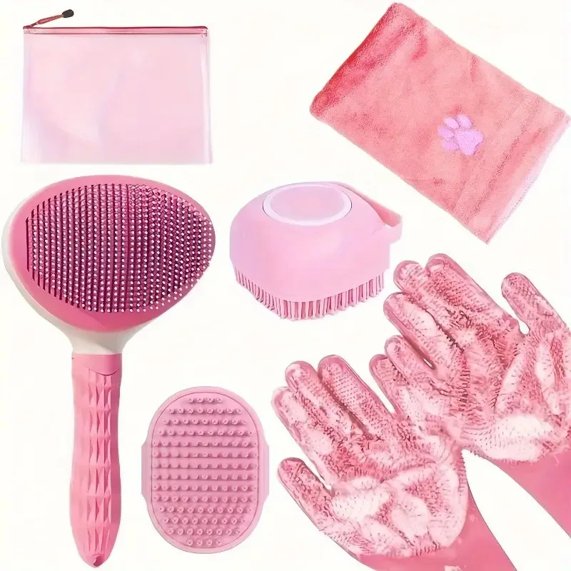 Pet Bath Grooming Kit Hair Brush Set with Towel Washing Gloves Shampoo Scrubber Brush with Massage Feature Pet Home Grooming