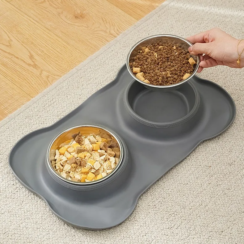 Pet Bowl Feeders Double with Splash Proof Mat Double Cat Dog Bowls Overturn Proof Non Skid Removable Pet Slow Feeder