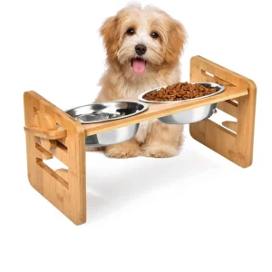 Pet Bowls Feeders with Adjustable Bamboo Stand for Small Medium Large Pets Dogs and Cats Elevated Dog Bowl