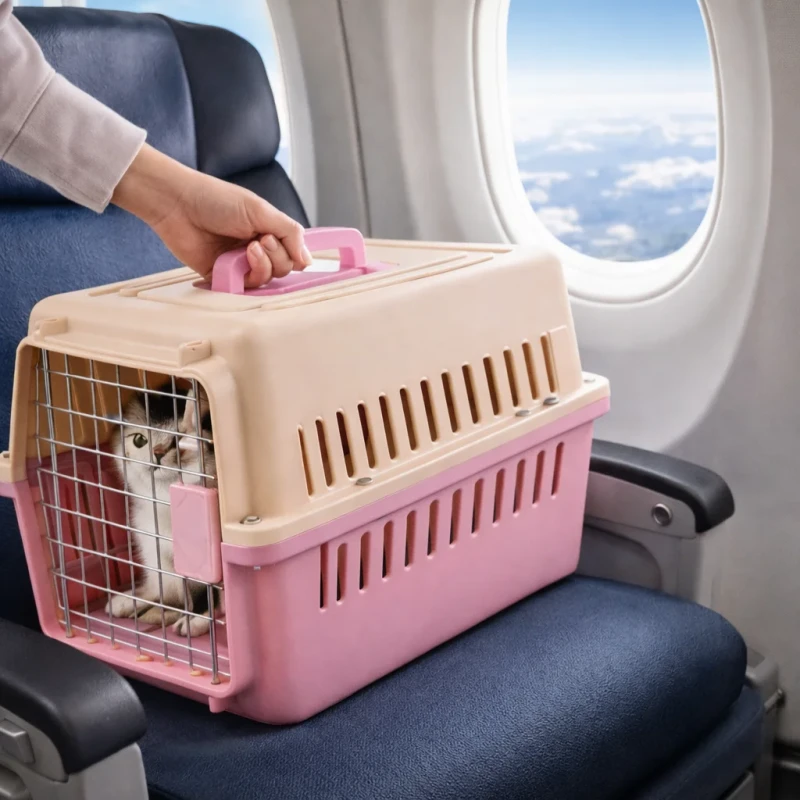 Pet Cage Airline Approved Cat Carrier Portable Pet Travel Box for Small Dogs Plastic Ventilated Pet Transport Crate