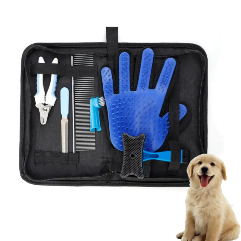 Pet Care Kit Set Plastic Box for Grooming and Nail Trimming with Glove Brush Comb