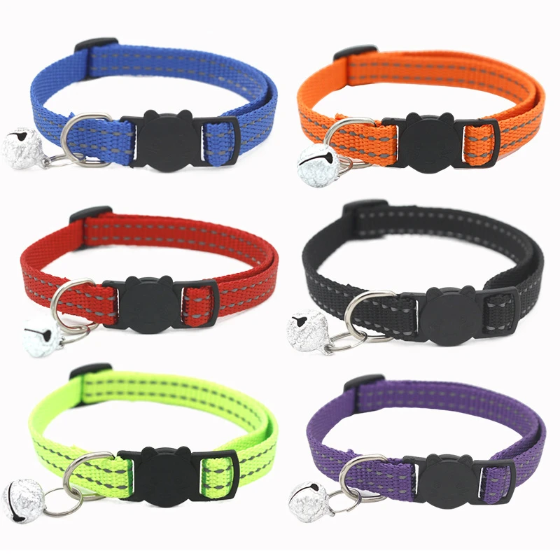 Pet Cat Collar Nylon Custom Color Cat Collar With Bell Adjustable Breakaway Reflective Kitty Collar