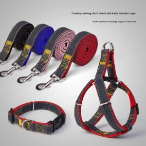 Pet Denim Dog Collar Leash Harness Set