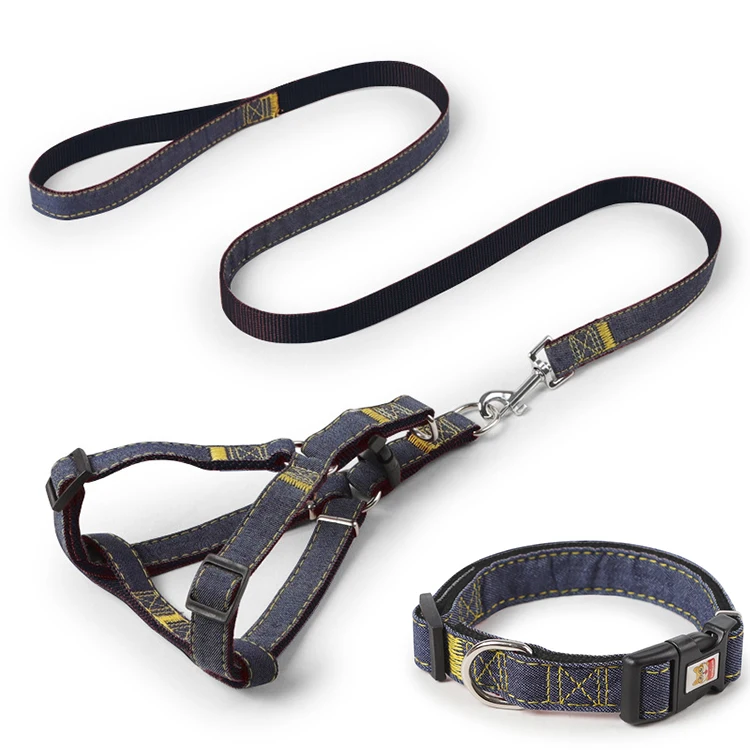 Pet Denim Dog Collar Leash Harness Set
