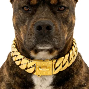 Pet Dog Accessories Custom logo Heavy Duty Big 32mm Stainless Steel Gold Plated Dog Cuban Chain Luxury Dog Collar