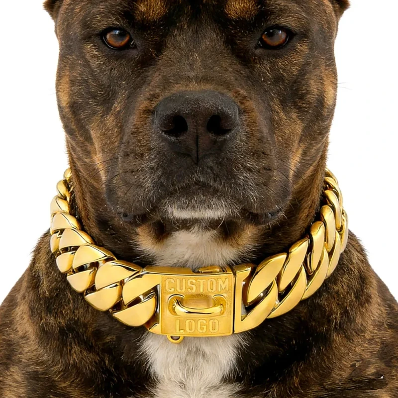 Pet Dog Accessories Custom logo Heavy Duty Big 32mm Stainless Steel Gold Plated Dog Cuban Chain Luxury Dog Collar
