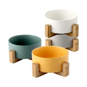 Pet Dog Cat Bowl Colorful Ceramic Pet Feeder with Bamboo Frame Customizable logo Color Packaging