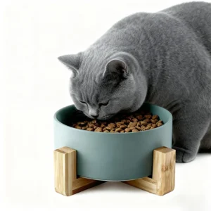 Pet Dog Cat Ceramic Feeder Bowl with Bamboo Frame Colorful Design Rounded Shape 13cm*5cm Size Indoor Use