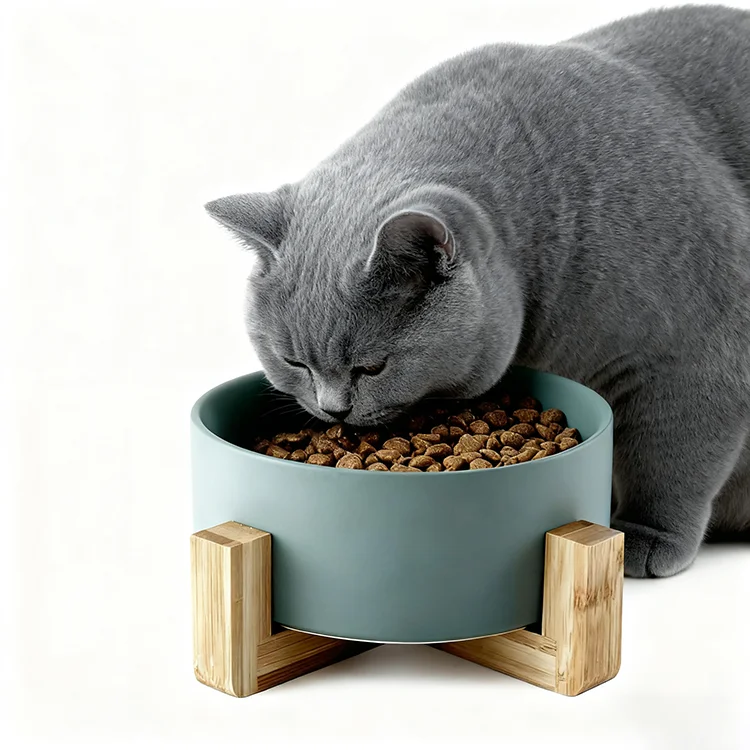 Pet Dog Cat Ceramic Feeder Bowl with Bamboo Frame Colorful Design Rounded Shape 13cm*5cm Size Indoor Use