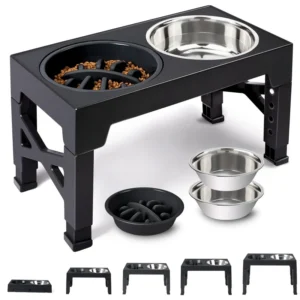 Pet Feeder Slow Eating Bowl Non Slip Feeder 5 Height Adjustments Neck protecting Stainless Steel Elevated Dual Bowl Stand