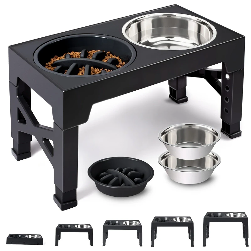 Pet Feeder Slow Eating Bowl Non Slip Feeder 5 Height Adjustments Neck protecting Stainless Steel Elevated Dual Bowl Stand