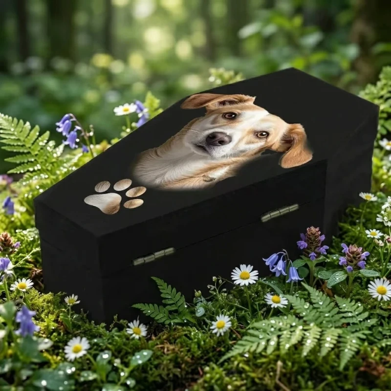 Pet Funeral Box Solid Wood Coffin Dog Cat Bird Custom UV Print Name Memorial Burial Casket Keepsake