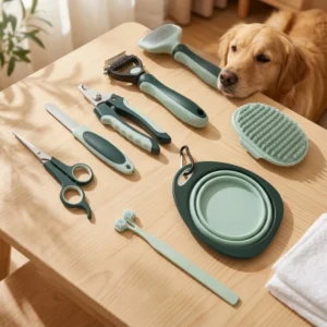 Pet Grooming Kit Dog Cat Hair Brush Nail Clipper Scissors Toothbrush Foldable Bowl Portable Travel Set Storage Bag Plastic
