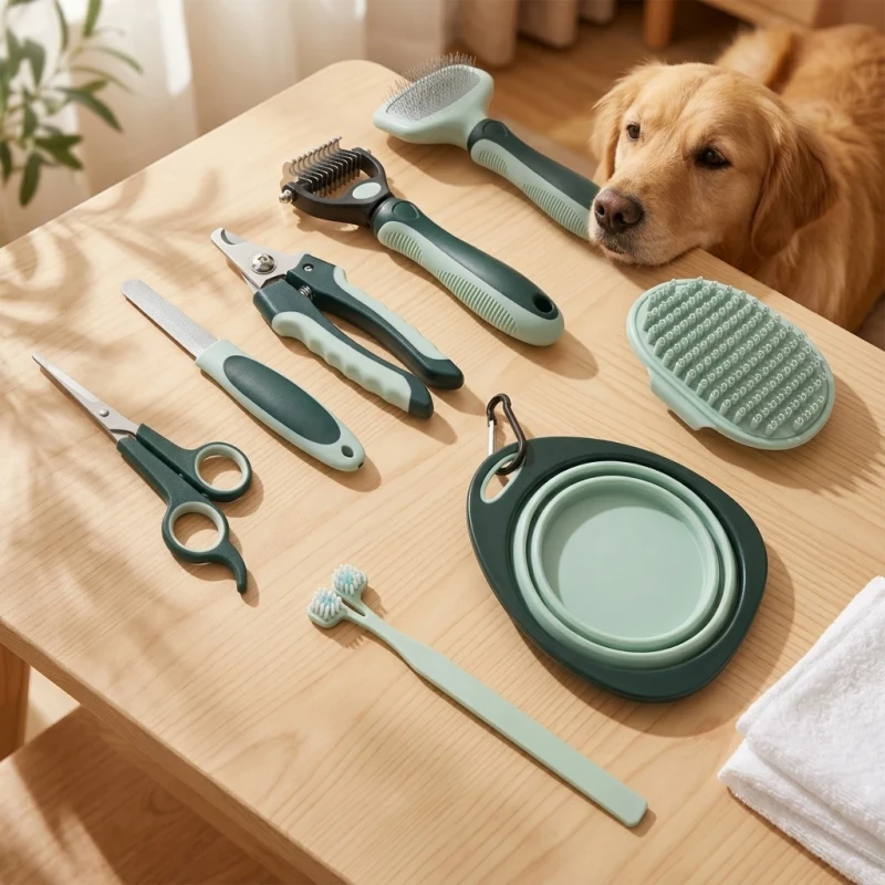 Pet Grooming Kit Dog Cat Hair Brush Nail Clipper Scissors Toothbrush Foldable Bowl Portable Travel Set Storage Bag Plastic