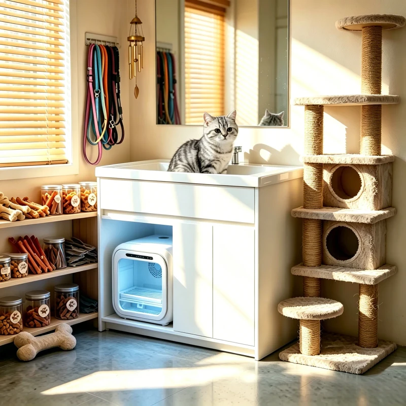 Pet Grooming Washing Station Freestanding Dog Cat Bath Tub Cabinet With Drying Box Integrated Washing Basin for Pet Beauty Salon