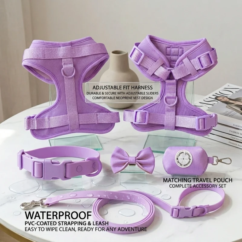 Pet Harness Collar Leash Set PVC Waterproof Material Breathable and Comfortable Adjustable Suitable for Pet Outings