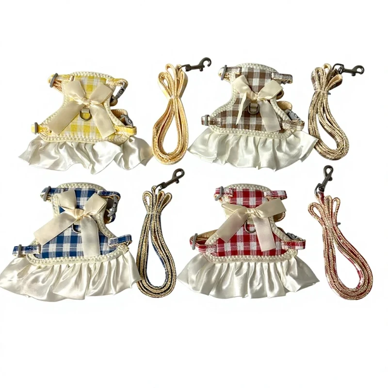 Pet Harness Cute Vest Style Korean Style Plaid Pattern Fabric Leash and Harness Set for Small Dogs