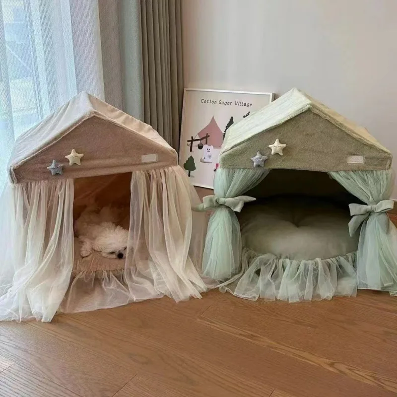 Pet House Princess Cat & Dog Bed Lace Trim Modern Living Room Tent Removable Washable Four Seasons for Dogs and Cats